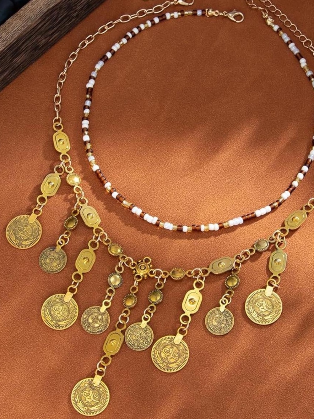 Anthropologie Gold Coin Fringe Necklace with Brown & Cream Beads - Picture 5 of 9
